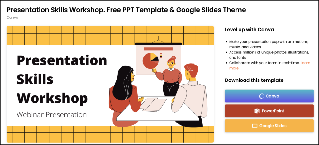 An introduction slide of a presentation is on the left of the screen with download instructions for Canva, Powerpoint and Google Slides to its right. 