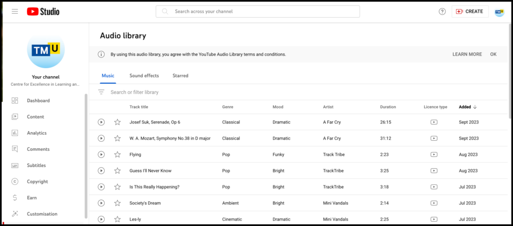 A screenshot of YouTube's Music Library. There are six columns detailing track names, artist, duration, genre, mood, license and date added. 