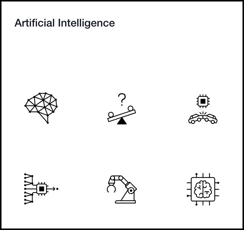 Text reads Artificial Intelligence with six icons representing artificial intelligence below 