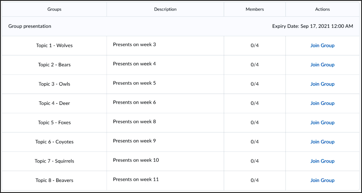 Four column table of sample groups. The columns are group name, description, current number of members and a link students can click on to join the group. 